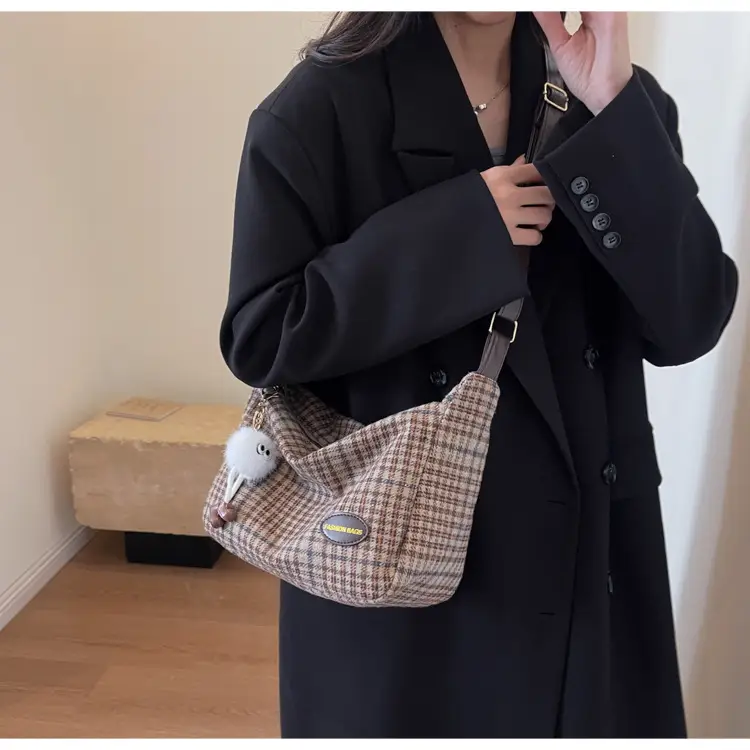 Korean Woolen Crossbody Bag Brown Checkered Women — feature 13