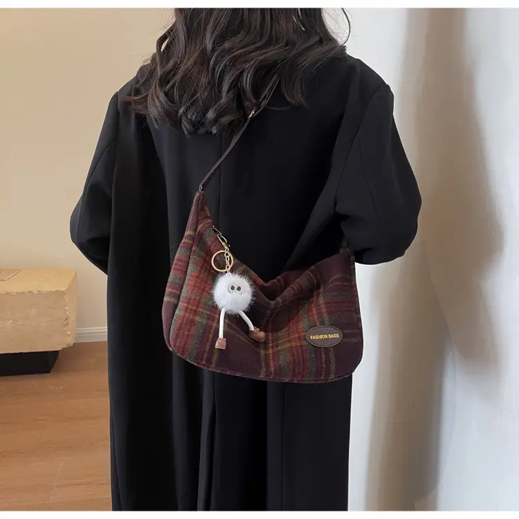Korean Woolen Crossbody Bag Brown Checkered Women — feature 16
