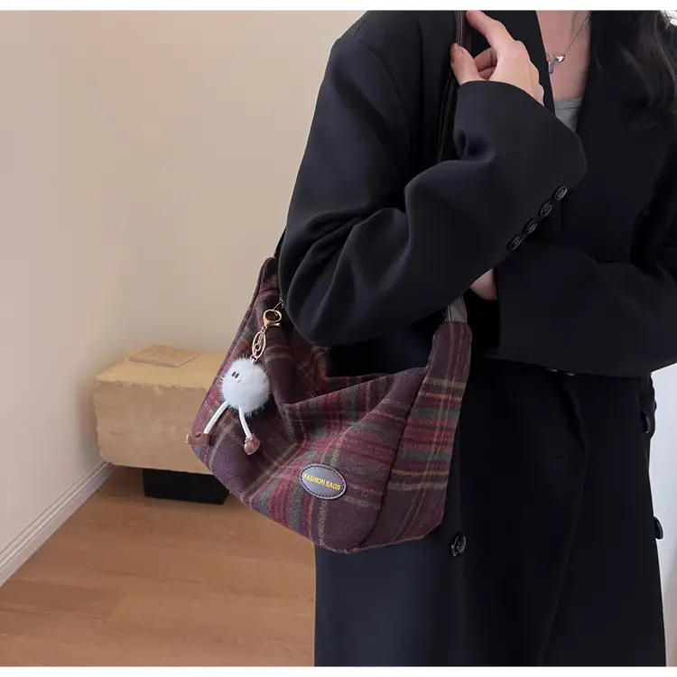Korean Woolen Crossbody Bag Brown Checkered Women — feature 17