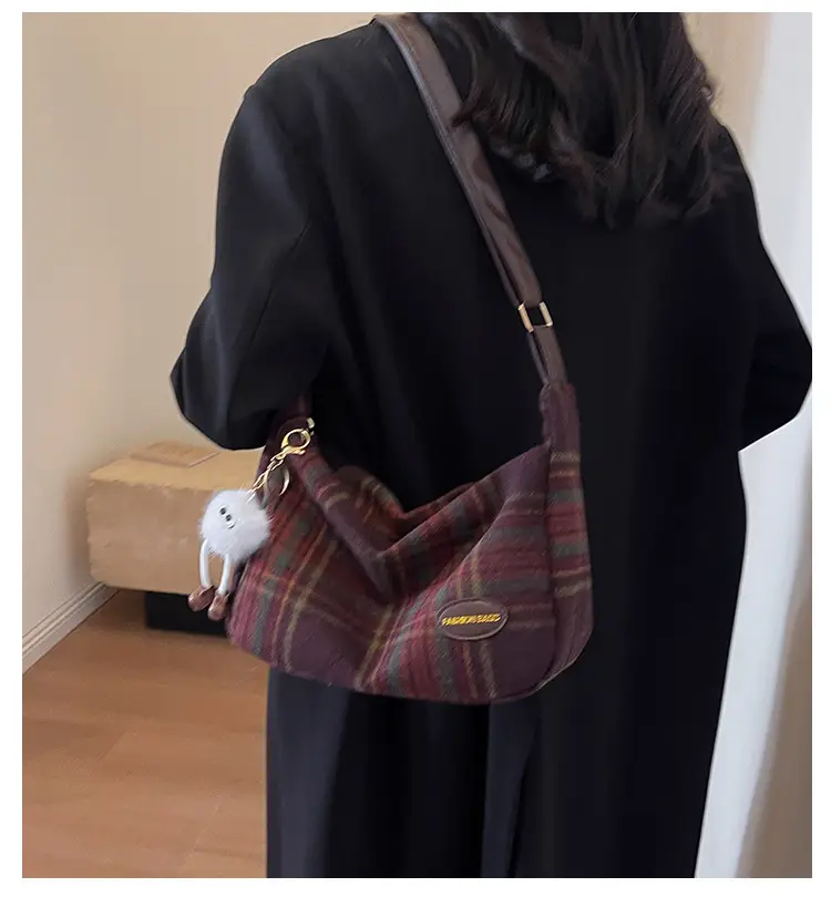Korean Woolen Crossbody Bag Brown Checkered Women — feature 2