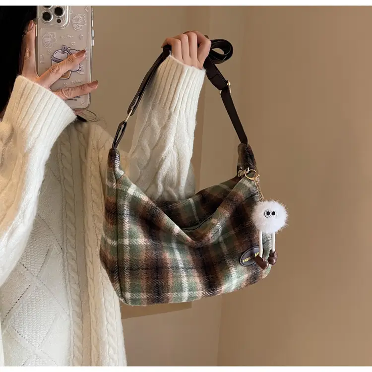 Korean Woolen Crossbody Bag Brown Checkered Women — feature 20