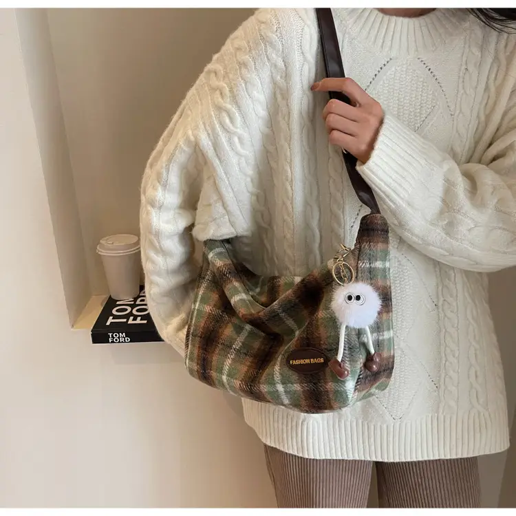 Korean Woolen Crossbody Bag Brown Checkered Women — feature 23