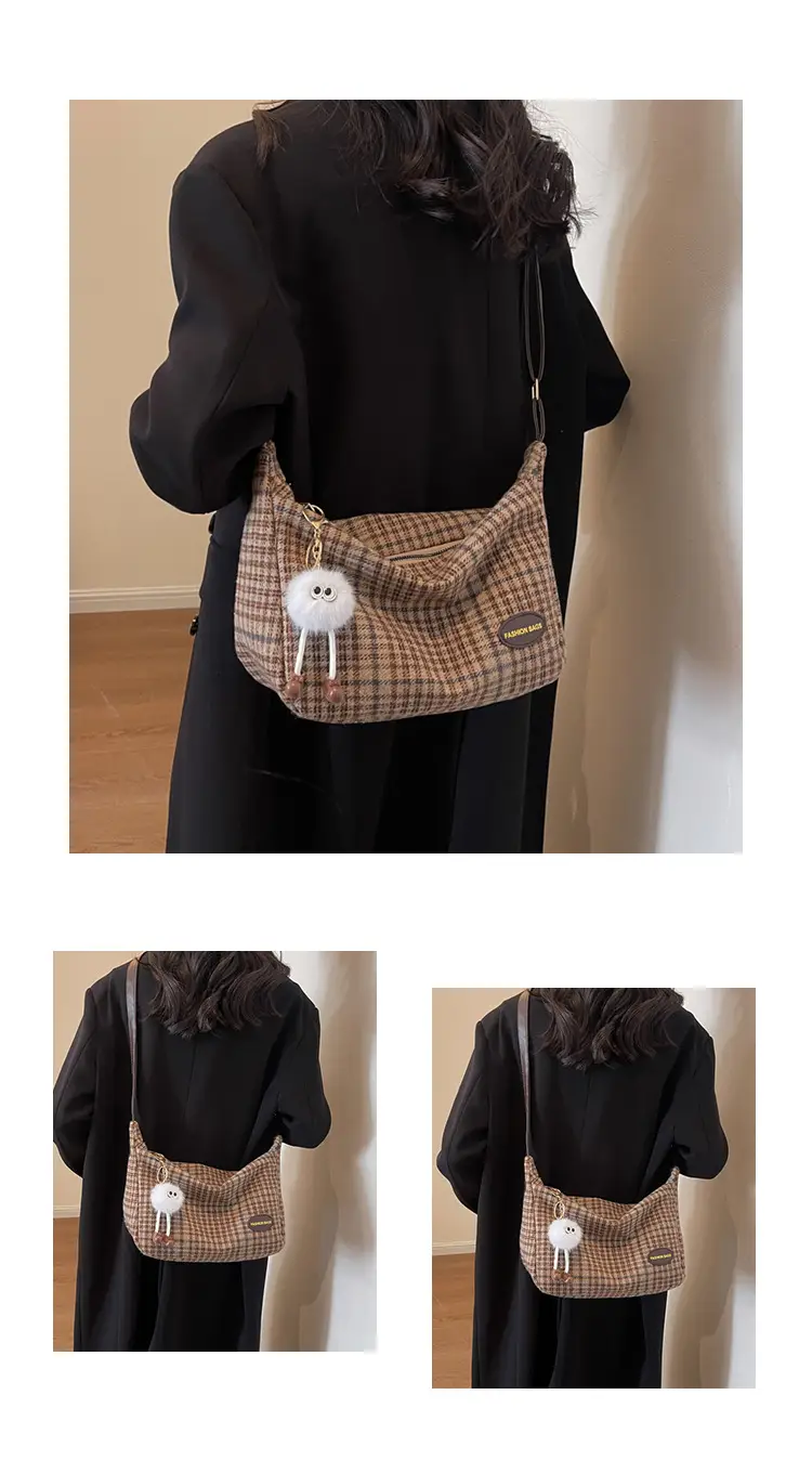 Korean Woolen Crossbody Bag Brown Checkered Women — feature 24