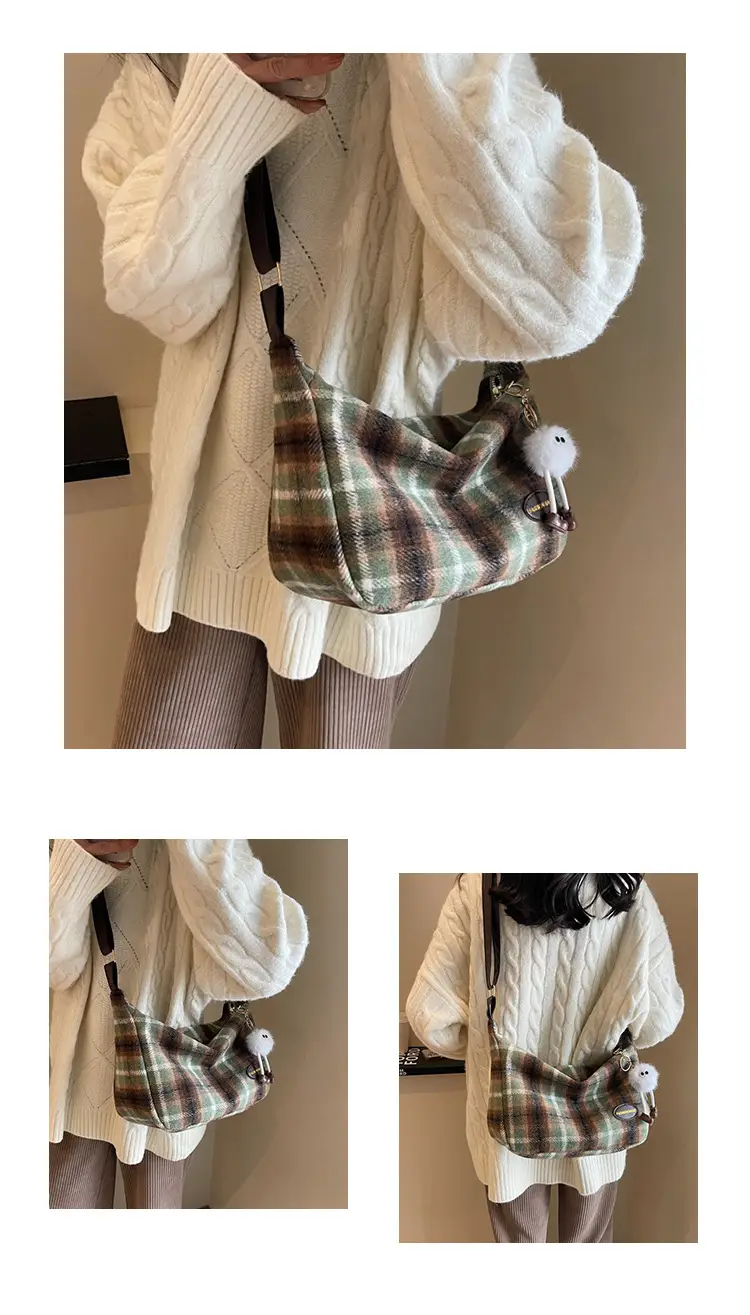 Korean Woolen Crossbody Bag Brown Checkered Women — feature 25