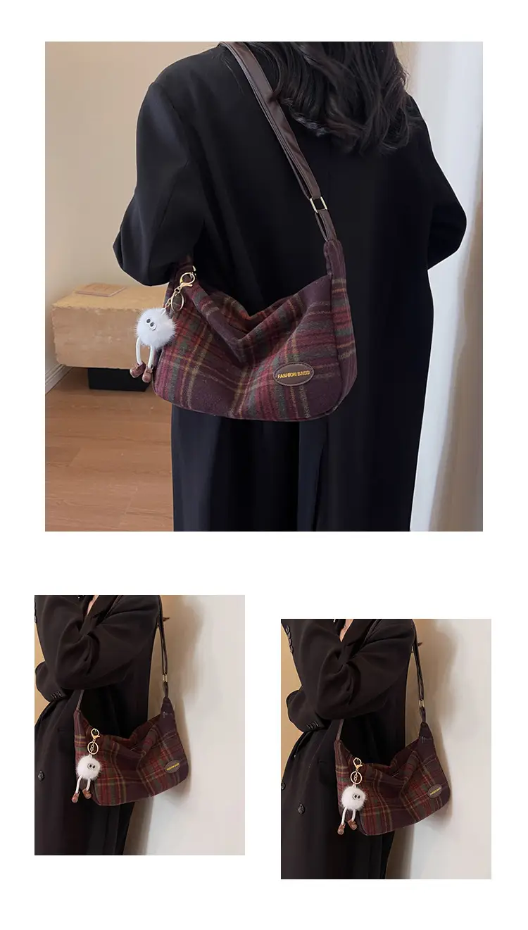 Korean Woolen Crossbody Bag Brown Checkered Women — feature 26