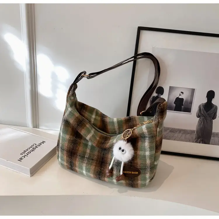 Korean Woolen Crossbody Bag Brown Checkered Women - Image 2