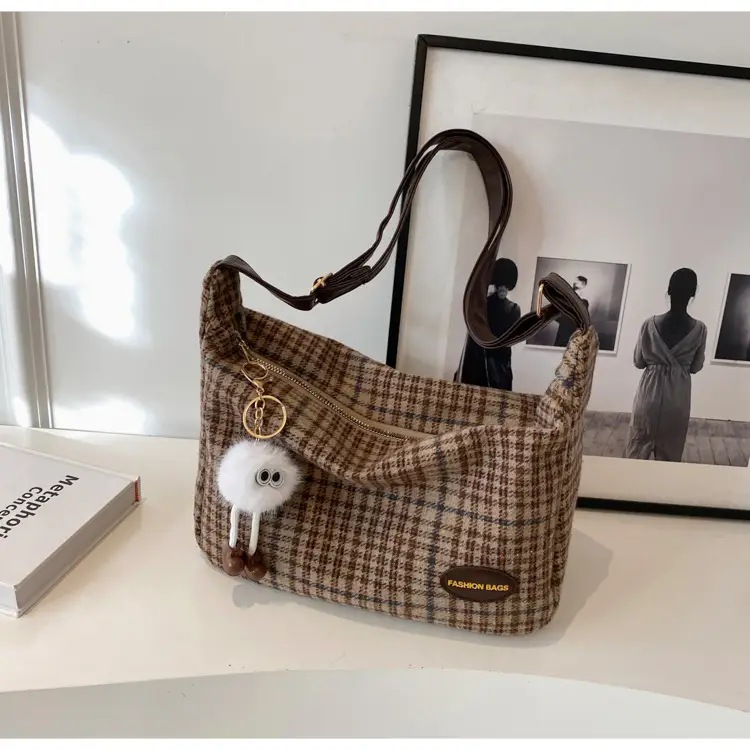 Korean Woolen Crossbody Bag Brown Checkered Women - Image 3