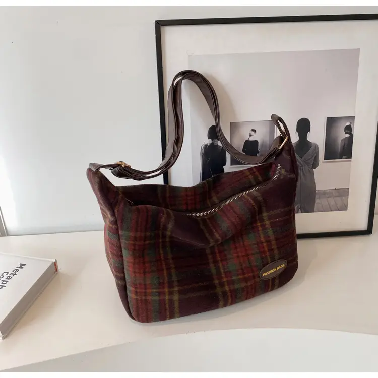 Korean Woolen Crossbody Bag Brown Checkered Women - Image 4