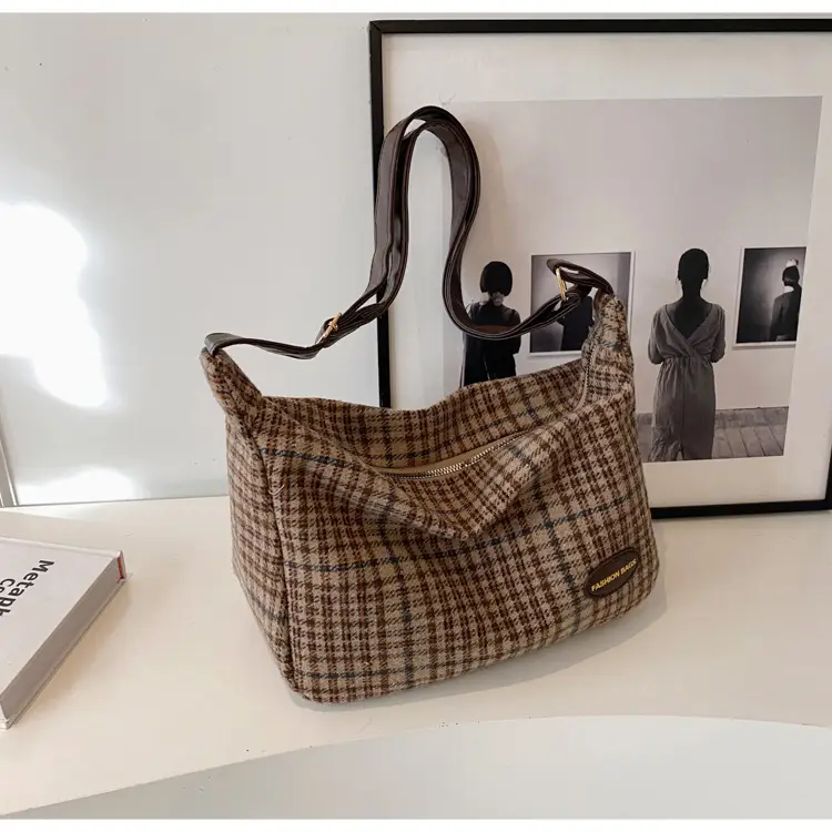 Korean Woolen Crossbody Bag Brown Checkered Women - Image 5