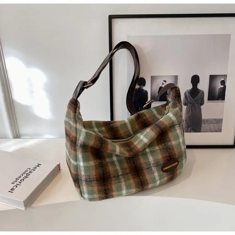 Korean Woolen Crossbody Bag Brown Checkered Women - Image 6