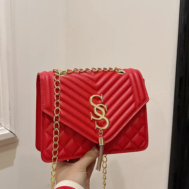 Tan Quilted Chain Tassel Bag for Women - Image 5