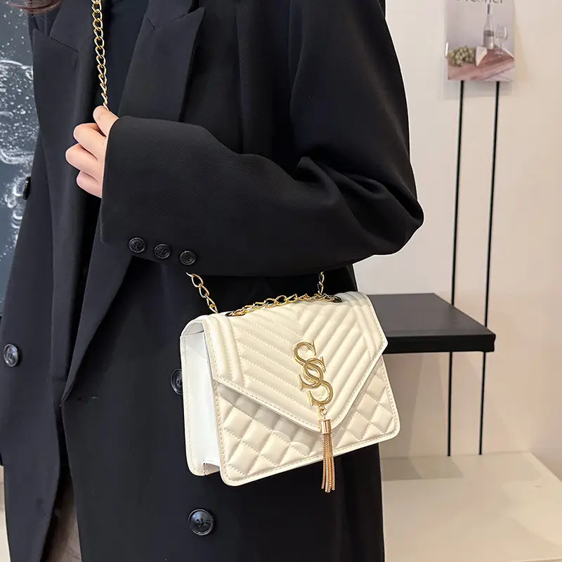 Tan Quilted Chain Tassel Bag for Women - Image 6