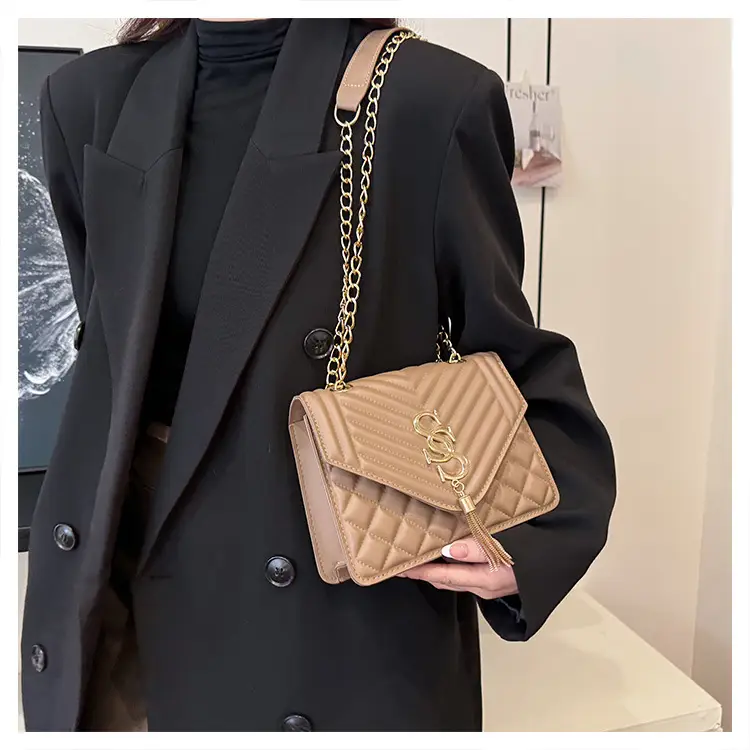Tan Quilted Chain Tassel Bag for Women — feature 23