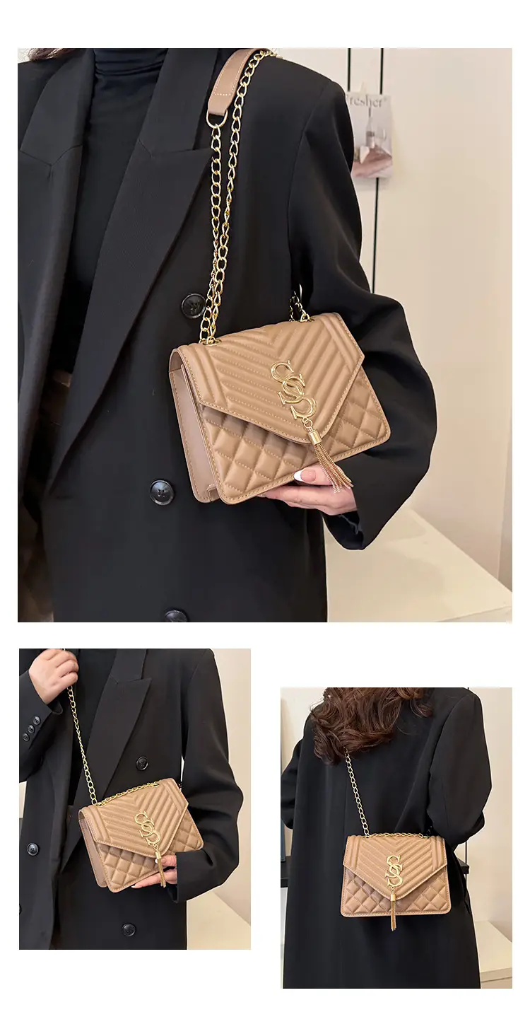 Tan Quilted Chain Tassel Bag for Women — feature 26