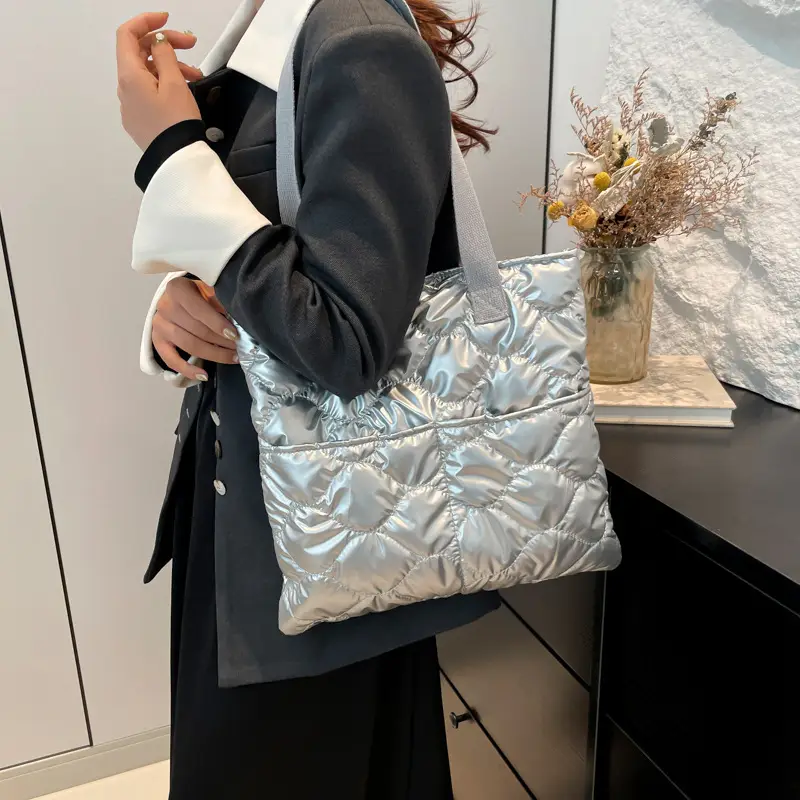 2024 Cotton Padded Shoulder Tote Bag Solid Color - Image 6