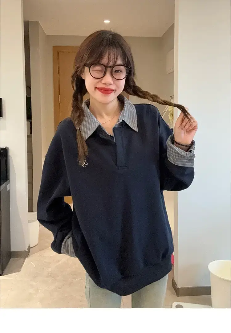 Women Fleece Polo Sweatshirt Navy Blue Loose Fit 2024 - Image 2