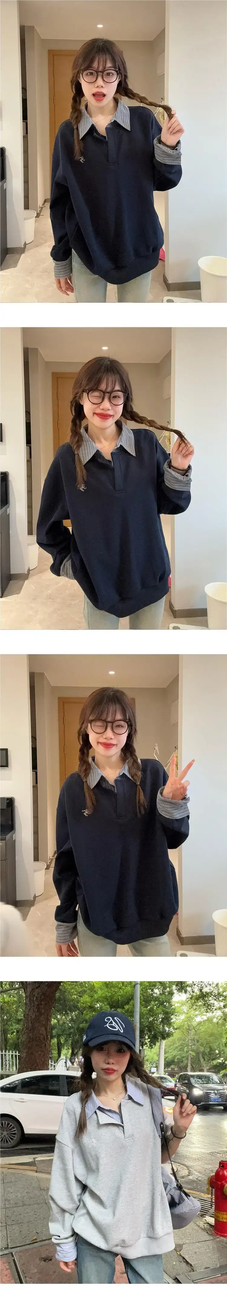 Women Fleece Polo Sweatshirt Navy Blue Loose Fit 2024 — feature 1