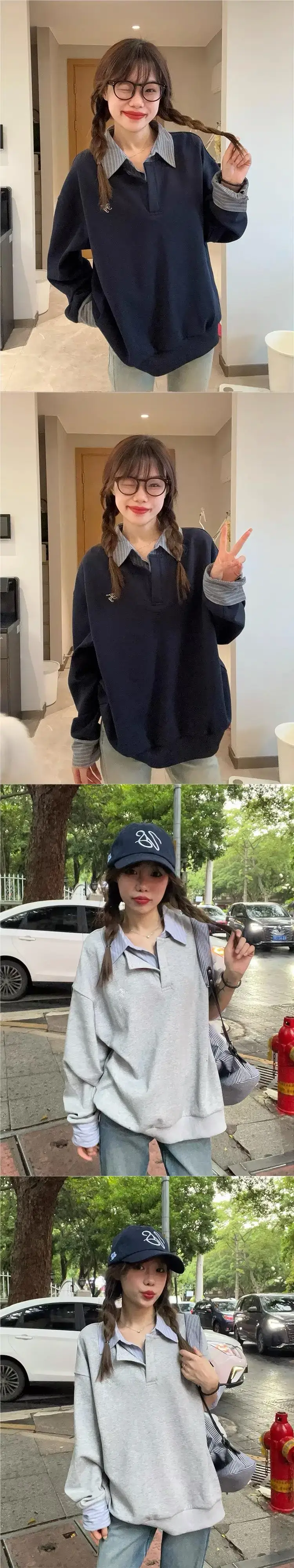 Women Fleece Polo Sweatshirt Navy Blue Loose Fit 2024 — feature 2