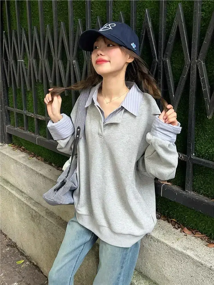 Women Fleece Polo Sweatshirt Navy Blue Loose Fit 2024 — feature 3
