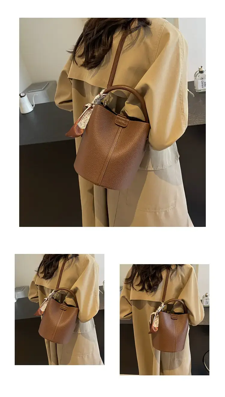 Brown Leather Bucket Bag for Women Casual Shoulder Crossbody — feature 12