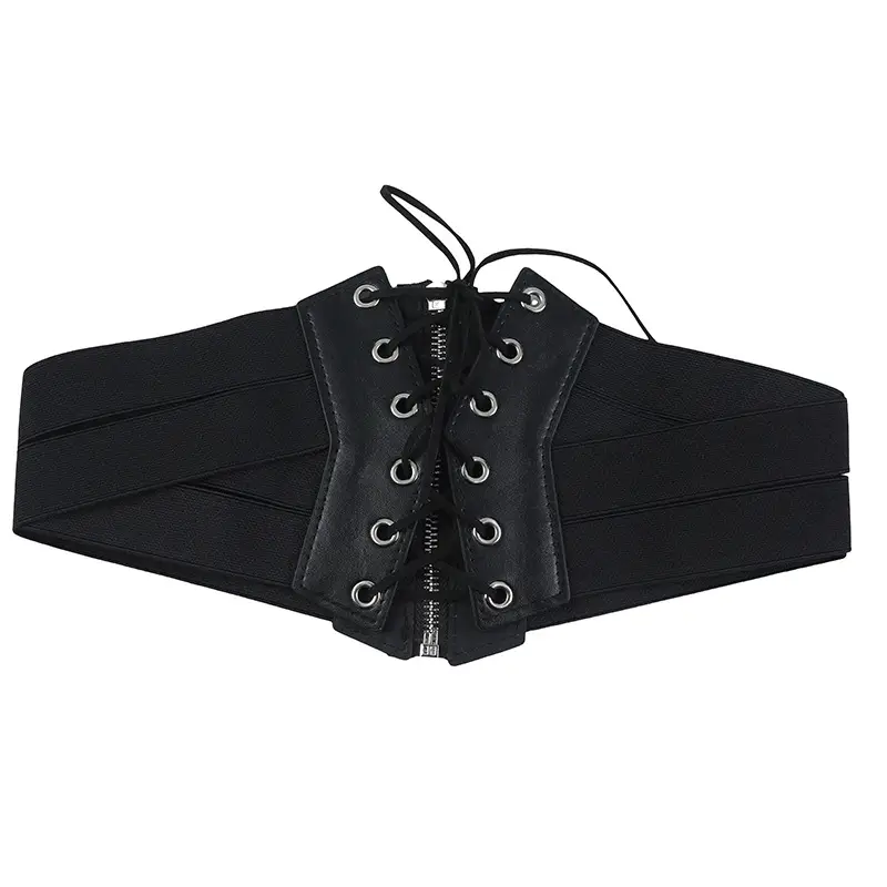 Women's Black Floral Elastic Waist Belt with Lace Up - Image 11