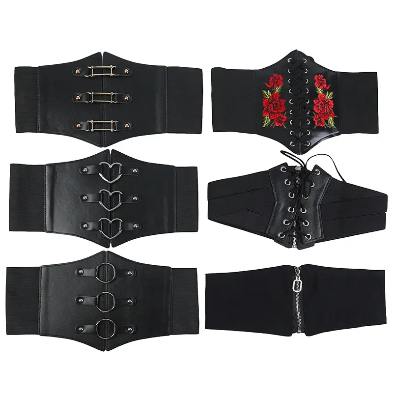 Women's Black Floral Elastic Waist Belt with Lace Up — feature 37