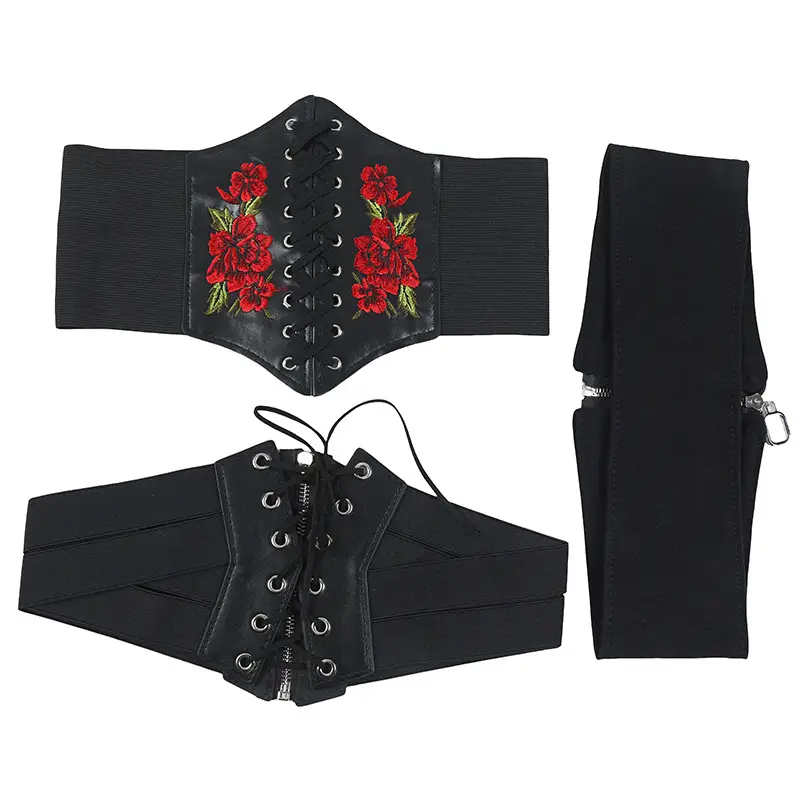 Women's Black Floral Elastic Waist Belt with Lace Up — feature 40