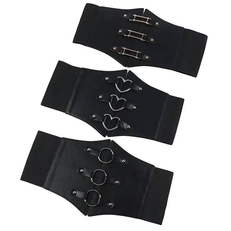 Women's Black Floral Elastic Waist Belt with Lace Up — feature 41
