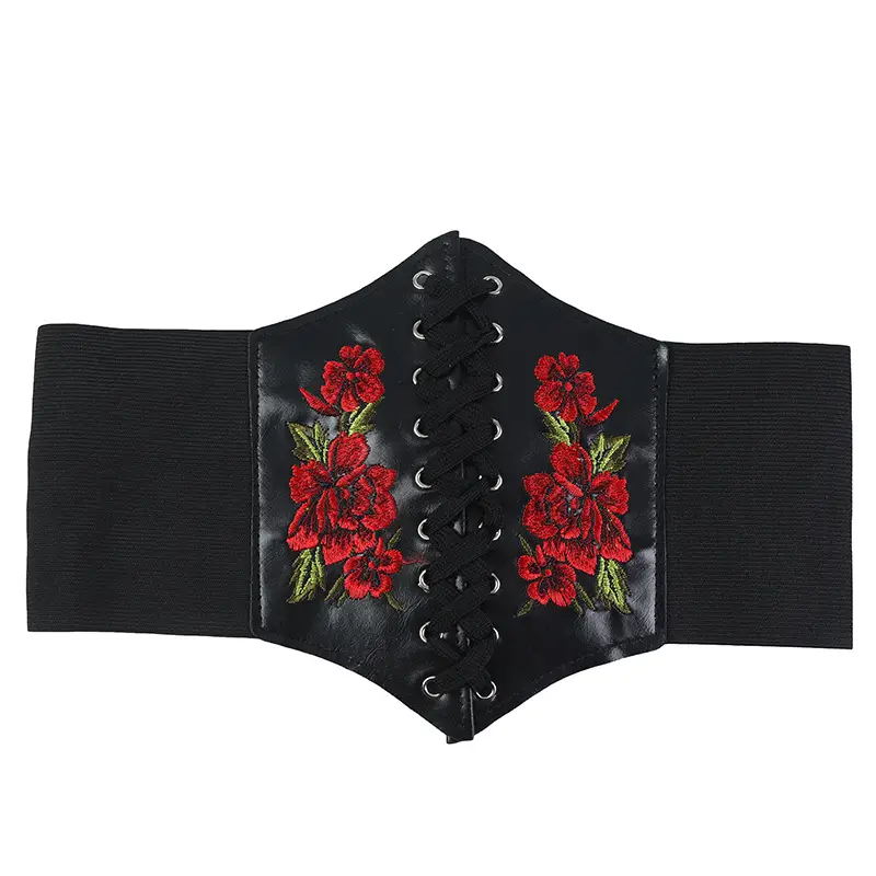 Women's Black Floral Elastic Waist Belt with Lace Up — feature 45