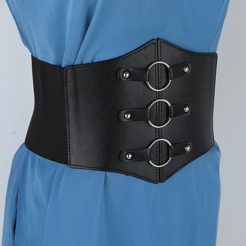 Women's Black Floral Elastic Waist Belt with Lace Up — feature 53