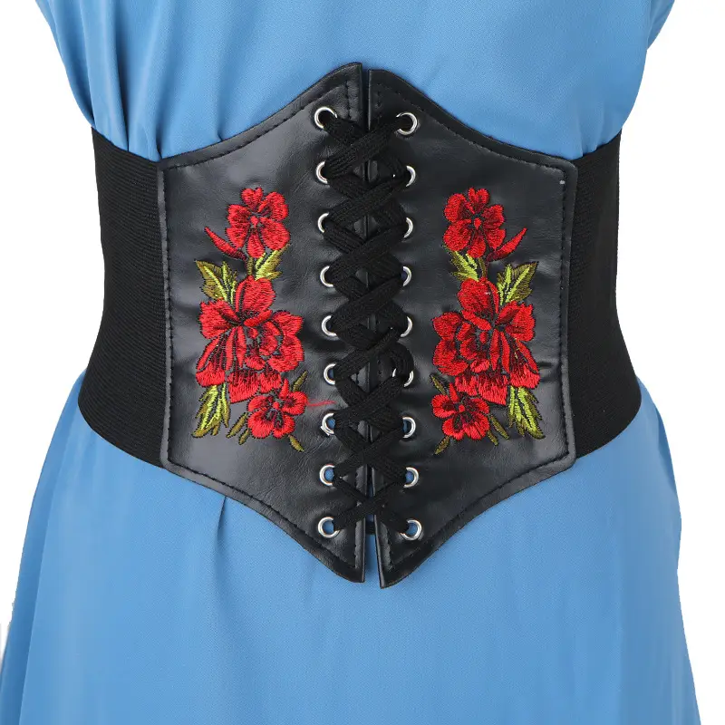 Women's Black Floral Elastic Waist Belt with Lace Up — feature 54