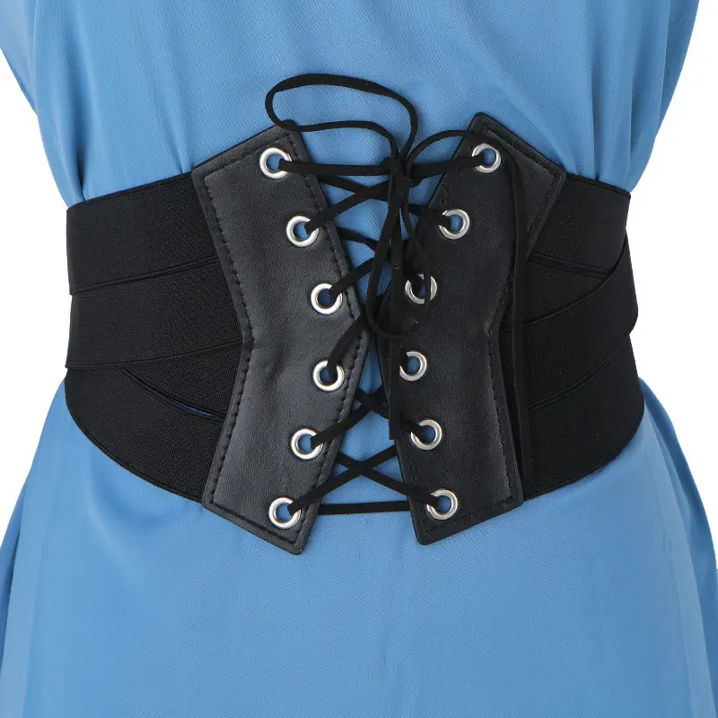Women's Black Floral Elastic Waist Belt with Lace Up — feature 55
