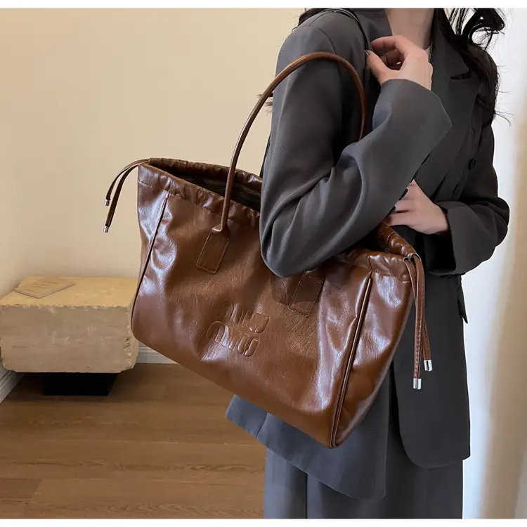 Vintage Brown Drawstring Tote Bag for Women — feature 11