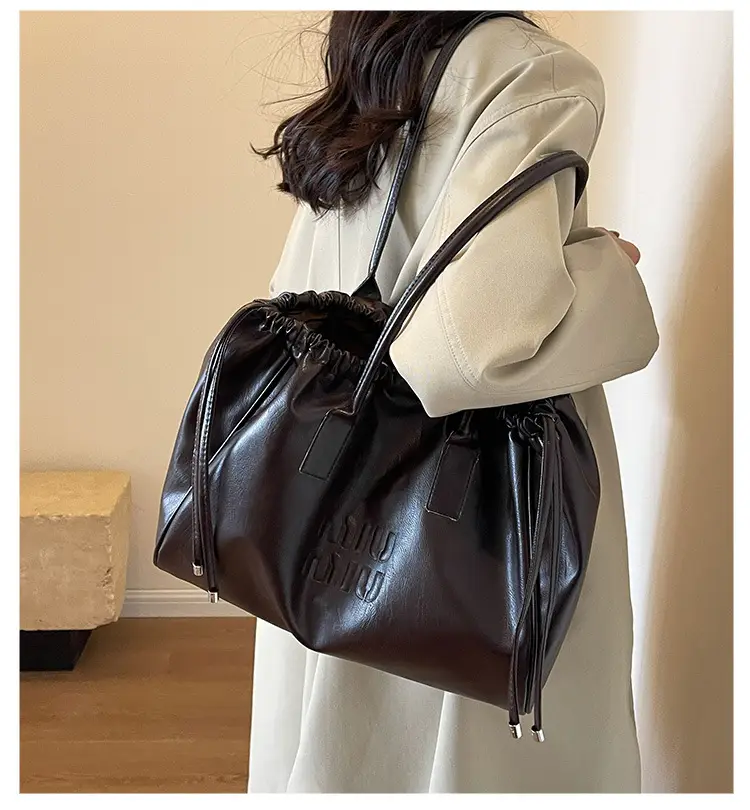 Vintage Brown Drawstring Tote Bag for Women — feature 2
