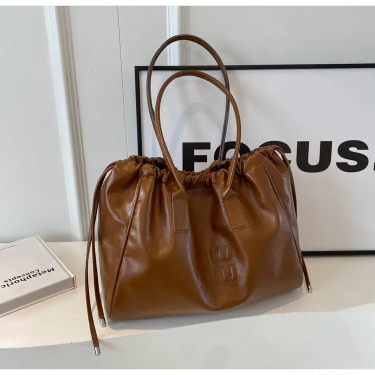 Vintage Brown Drawstring Tote Bag for Women - Image 2