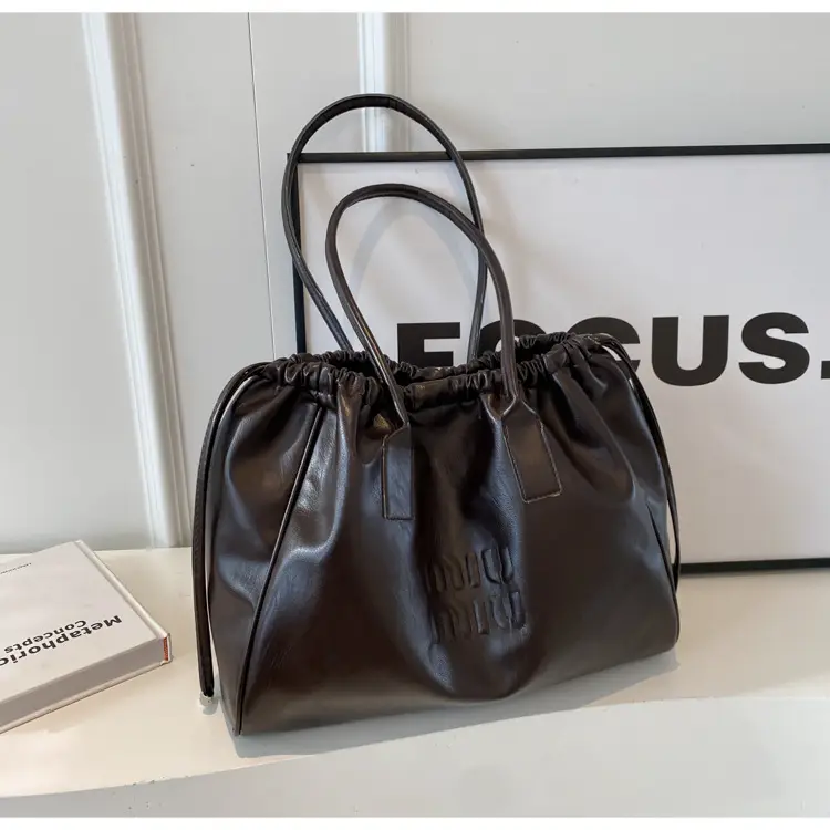 Vintage Brown Drawstring Tote Bag for Women - Image 4