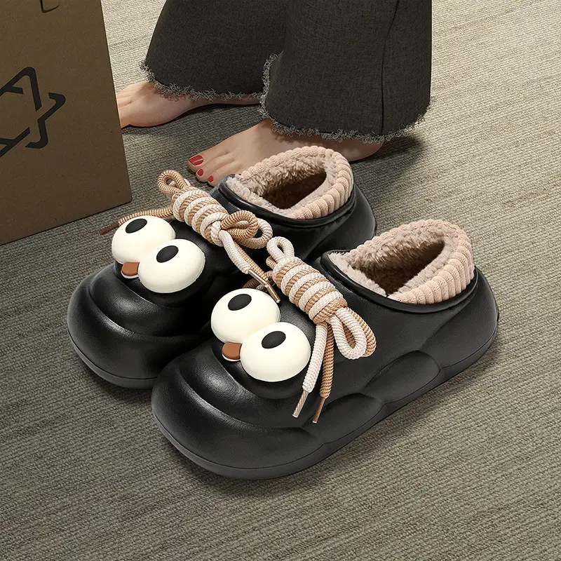 Cartoon big eye cotton slippers women's autumn and winter wear new thick-soled warm waterproof dirty plush cotton shoes men's wholesale - Image 5