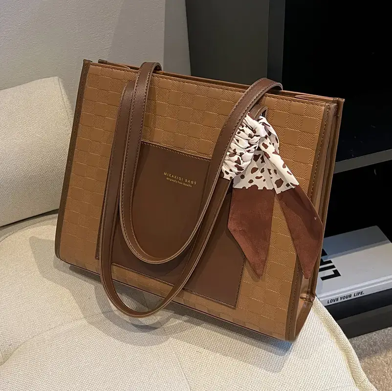 Women's Textured Large Shoulder Bag Brown Crocodile Design - Image 6