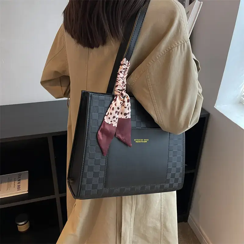 Women's Textured Large Shoulder Bag Brown Crocodile Design - Image 2