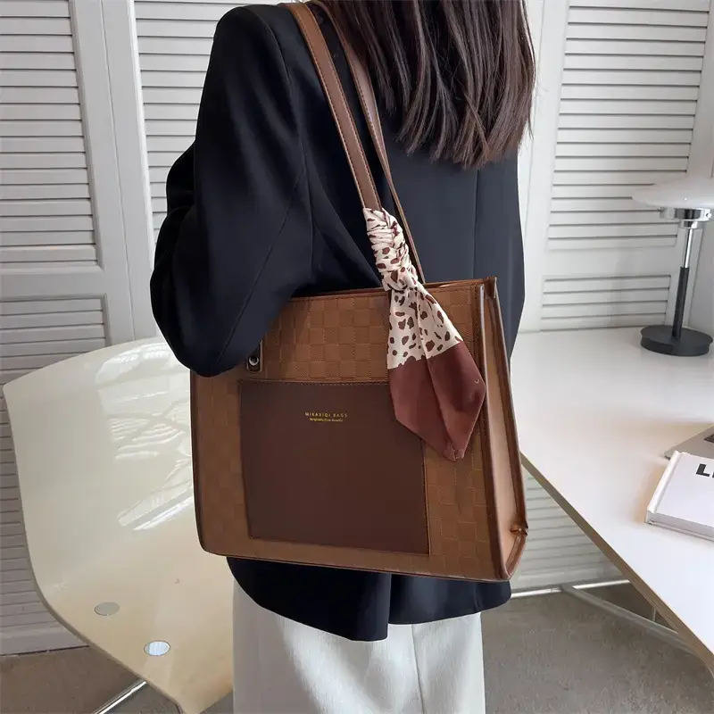 Women's Textured Large Shoulder Bag Brown Crocodile Design - Image 3