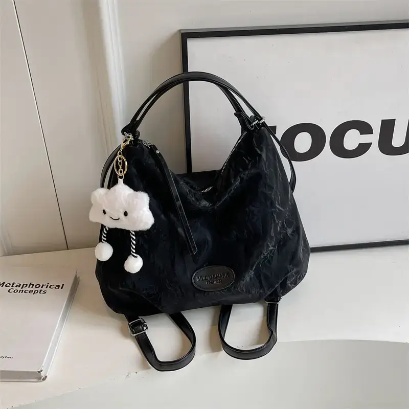 Black Floral Embroidered Shoulder Bag with Cute Pom Pom - Image 8