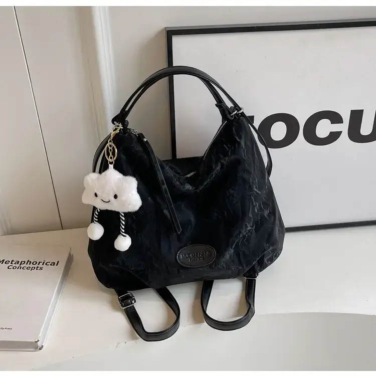 Black Floral Embroidered Shoulder Bag with Cute Pom Pom — feature 20