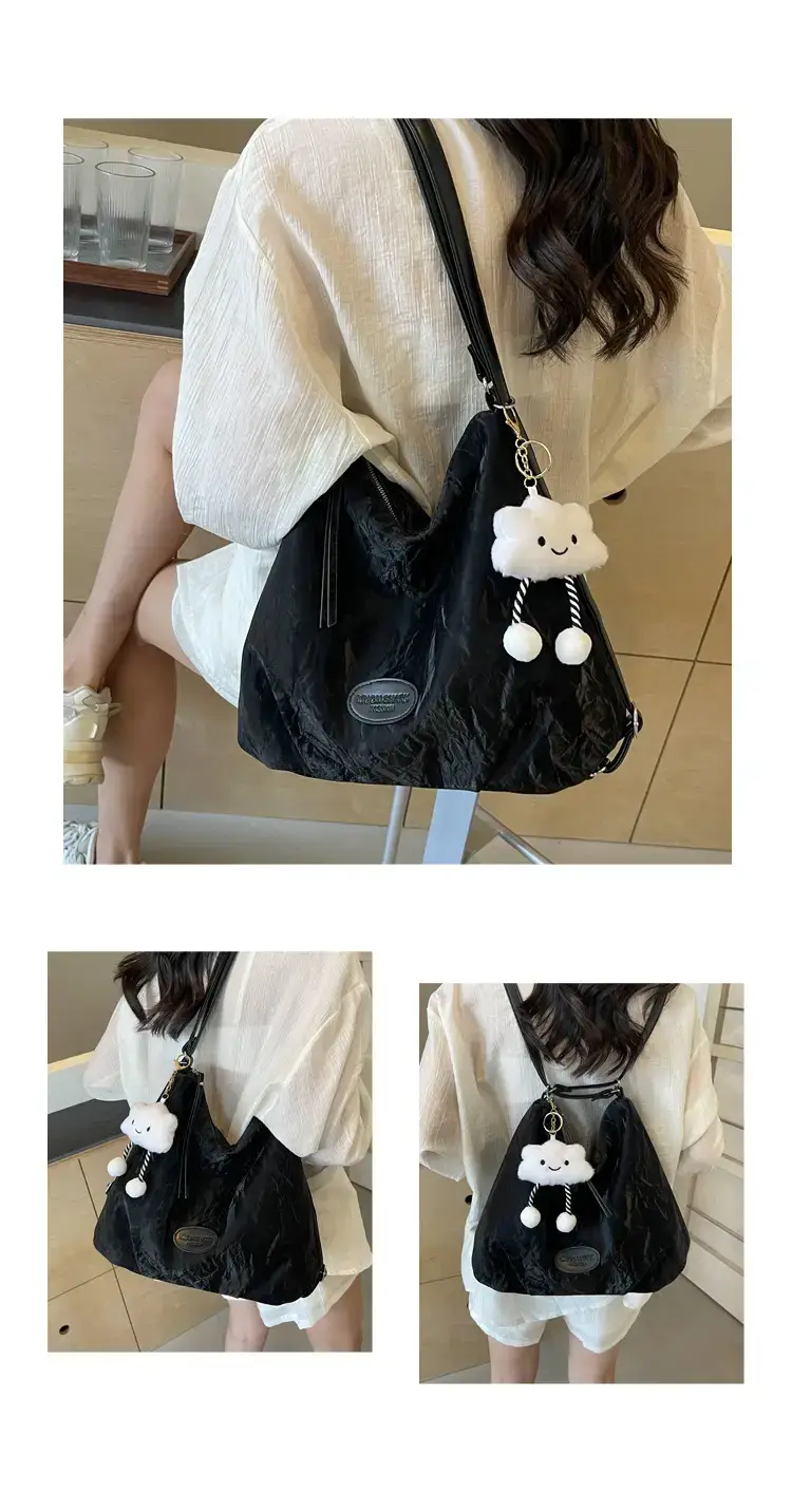 Black Floral Embroidered Shoulder Bag with Cute Pom Pom — feature 9