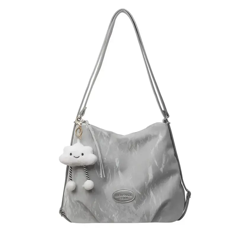 Black Floral Embroidered Shoulder Bag with Cute Pom Pom - Image 2
