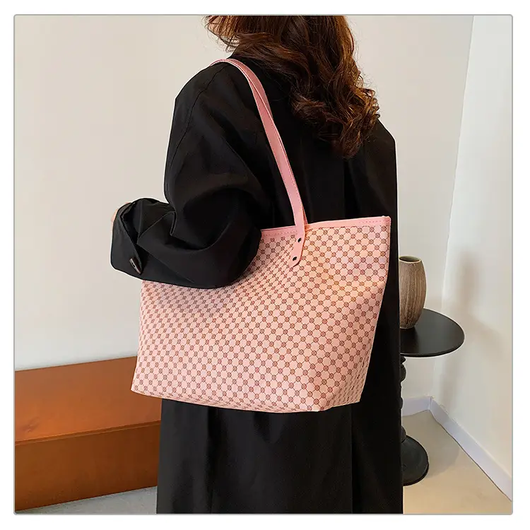 Pink Polka Dot Women's Large Tote Bag — feature 15