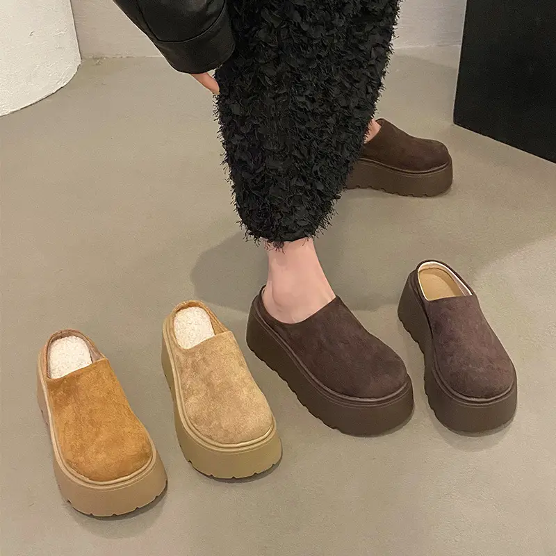 Thick-Soled Height-Increasing Shoes with Fleece Lining, Closed-Toe Slip-On Mules for Women, 2024 New Autumn and Winter Style, Easy-To-Wear Birkenstock-Style Shoes