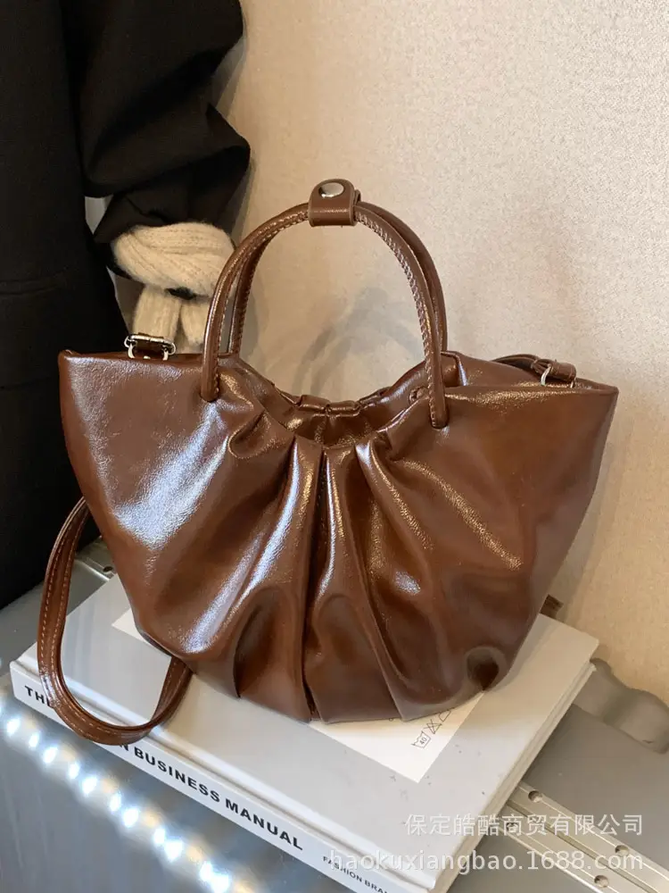 French Pleated Soft Leather Satchel Bag Women Brown