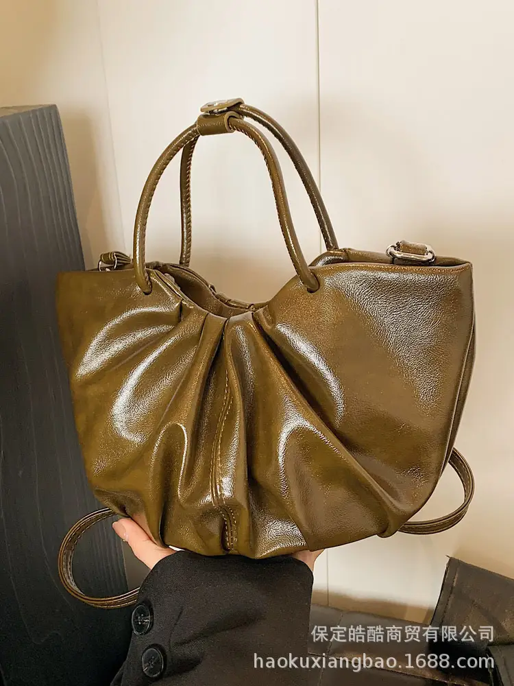 French Pleated Soft Leather Satchel Bag Women Brown