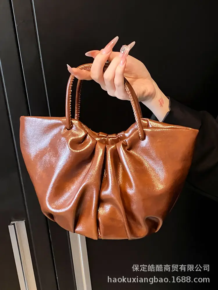 French Pleated Soft Leather Satchel Bag Women Brown