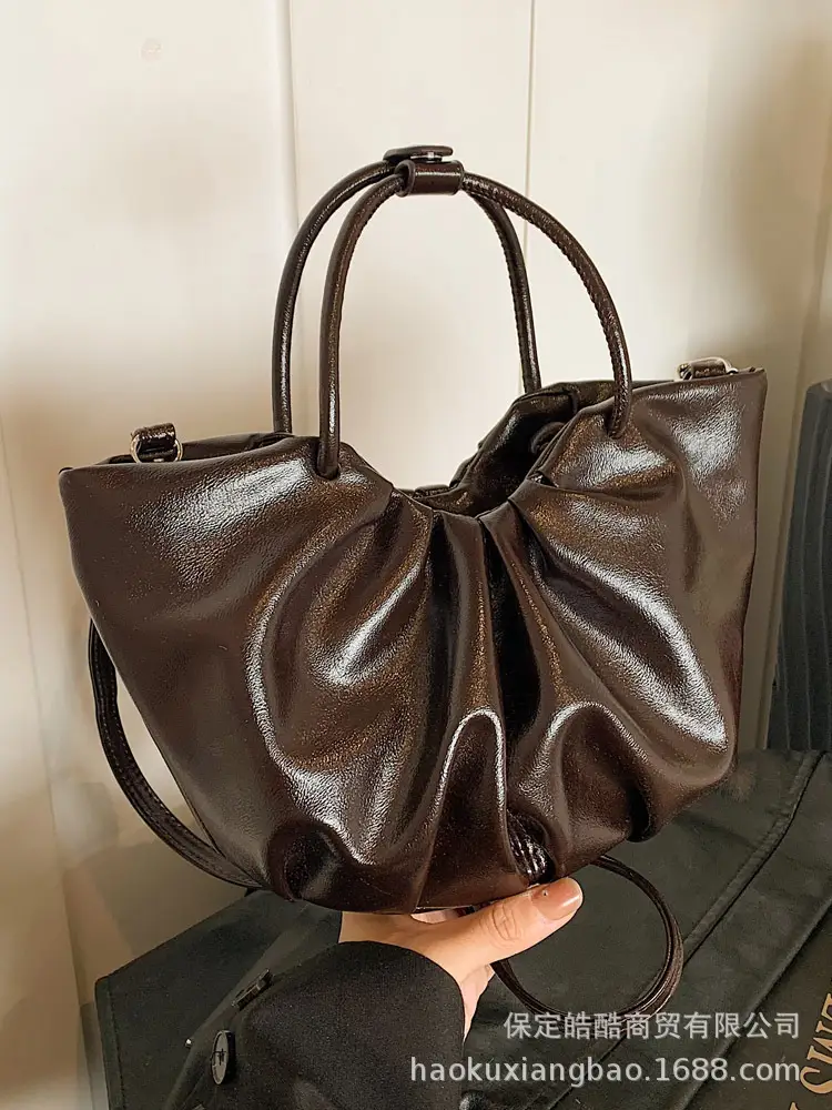 French Pleated Soft Leather Satchel Bag Women Brown
